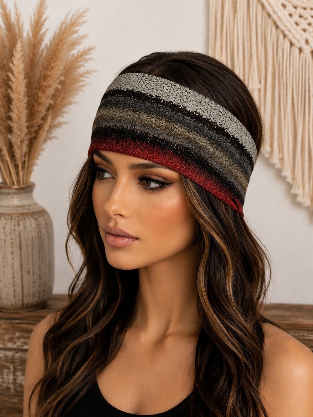 Striped Knit Wide Headband in Gray, Black & Red
